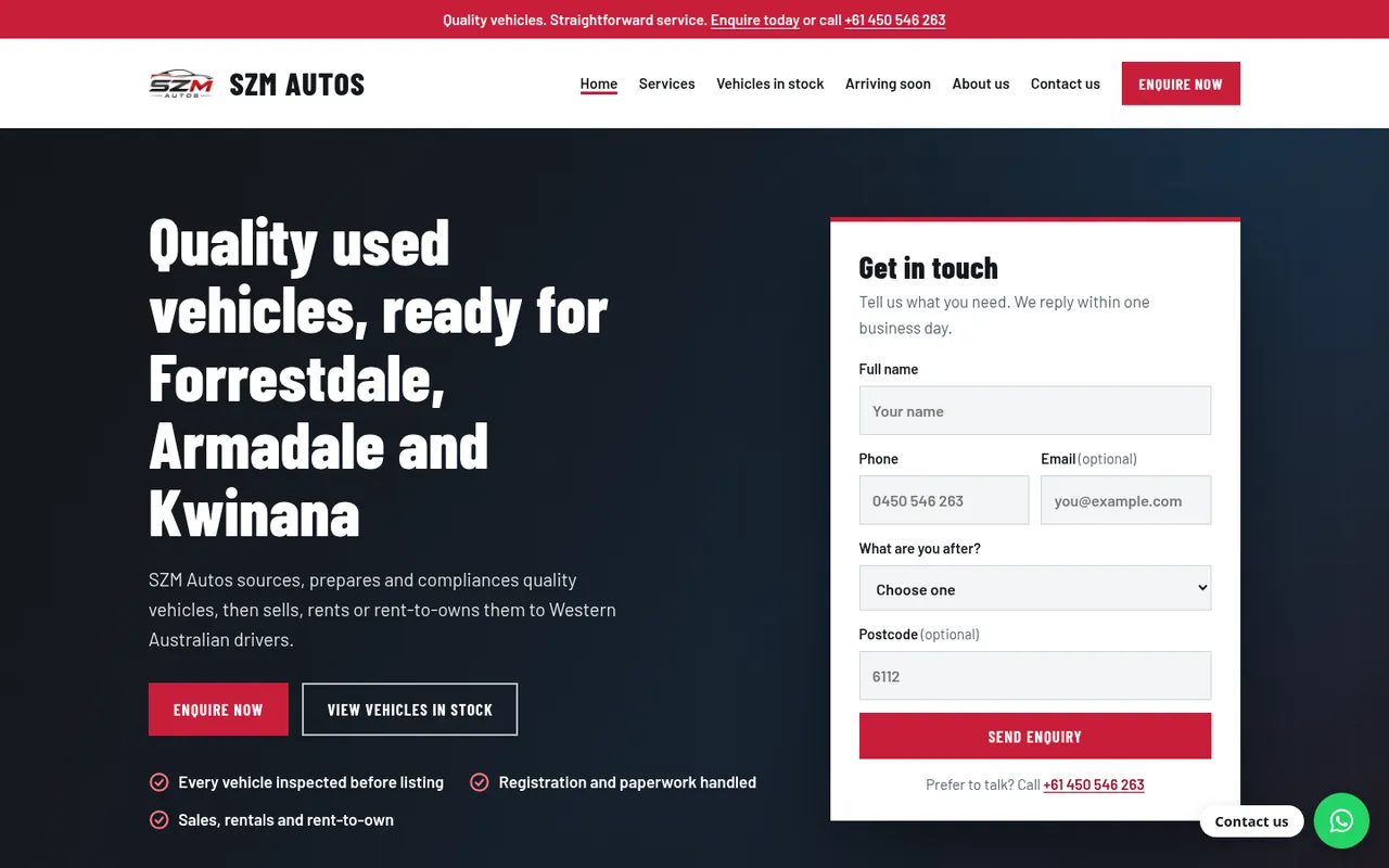 Homepage of szmautos.ppinsights.ca: "Quality used vehicles, ready for Forrestdale, Armadale and Kwinana"