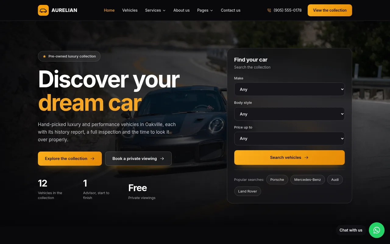 Homepage of aurelian.ppinsights.ca: "Discover your dream car in Oakville"
