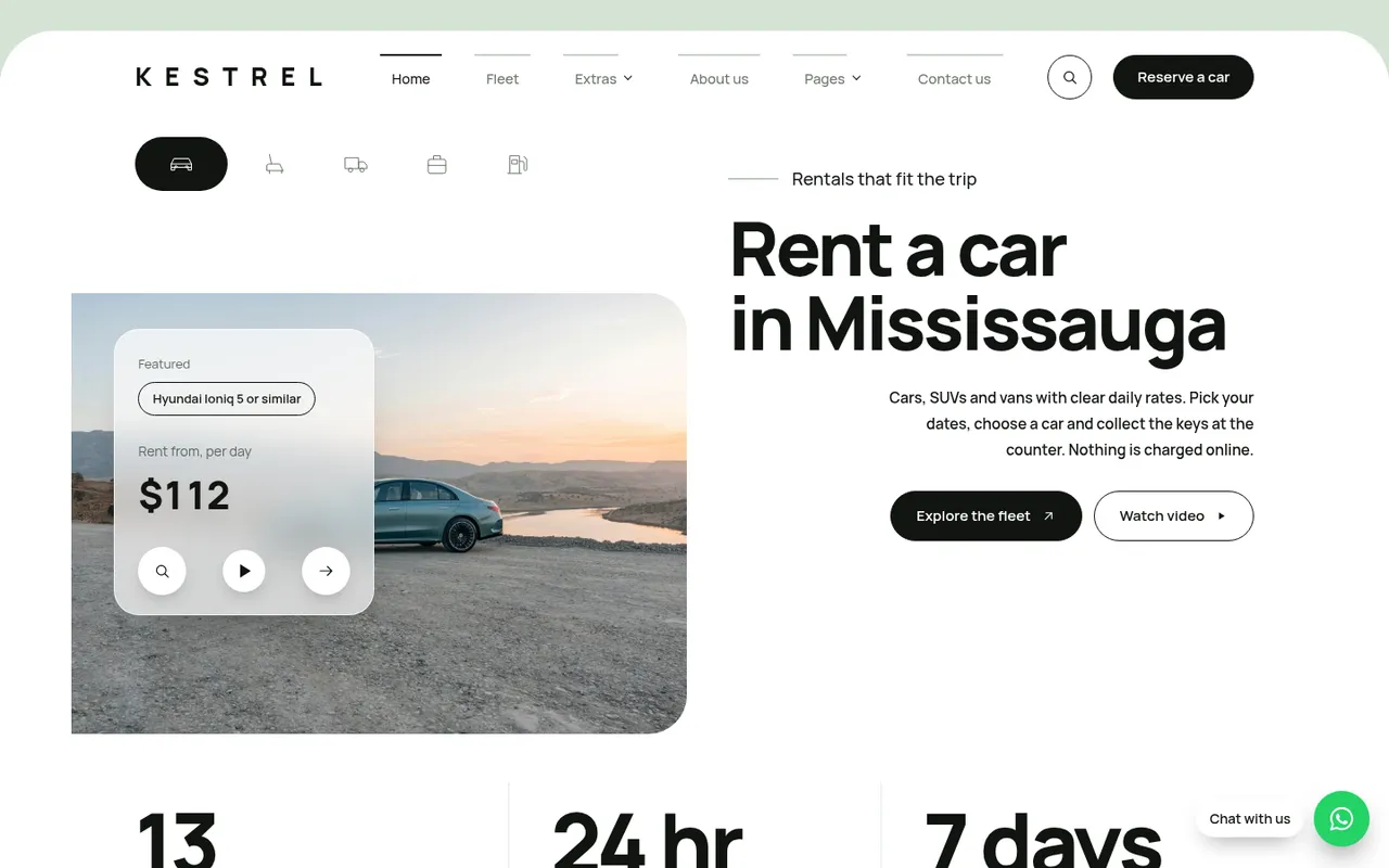 Homepage of kestrel.ppinsights.ca: "Rent a car in Mississauga"