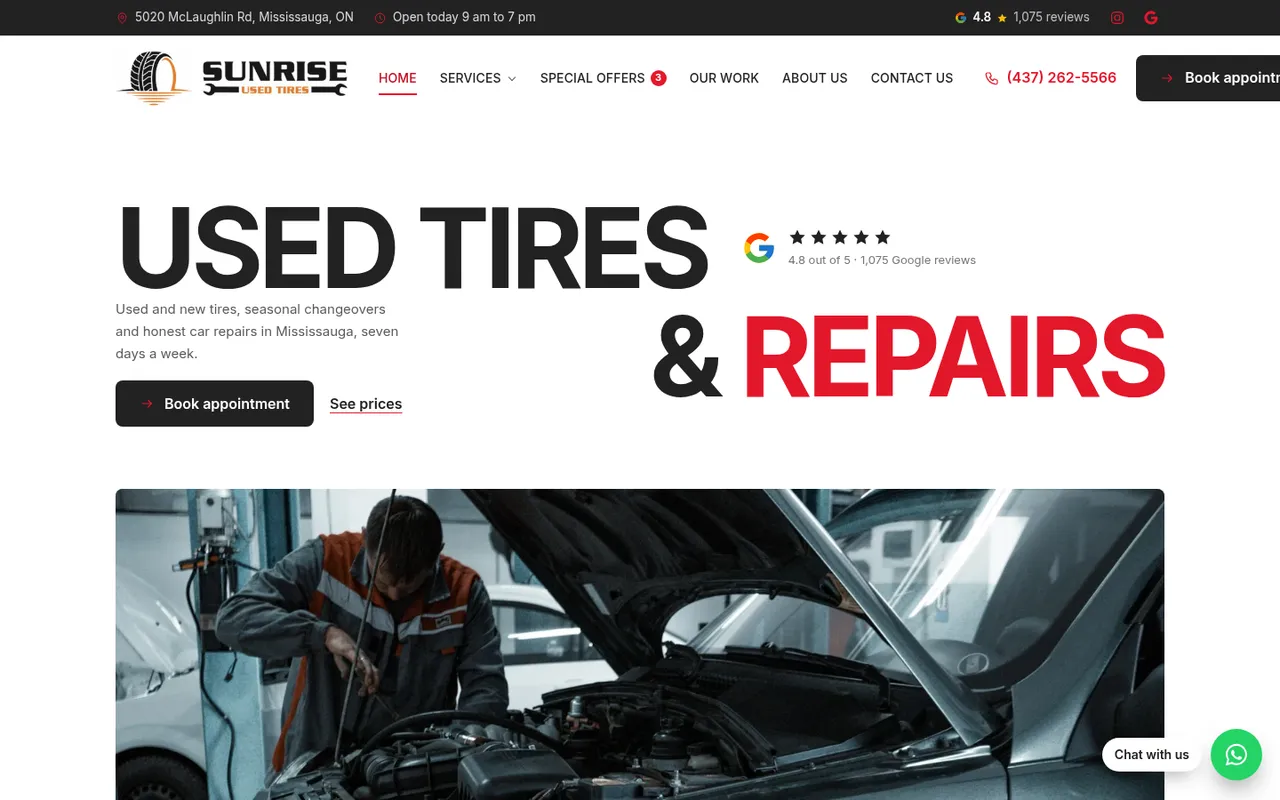 Homepage of sunrise-used-tires.ppinsights.ca: "Used tires & repairs", a Google rating and a mechanic working under a raised hood